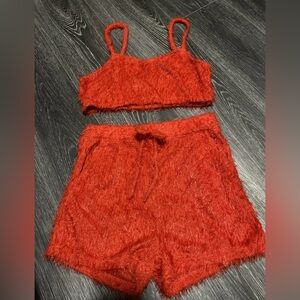 Fuzzy Knit Two-Piece Crop Top & Shorts Set in Red